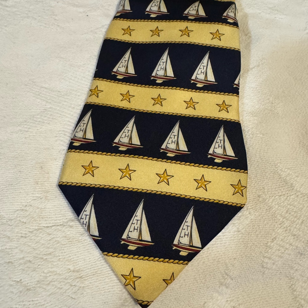 Tommy Hilfiger Blue Yellow Nautical Sailboats Tie Silk Usa